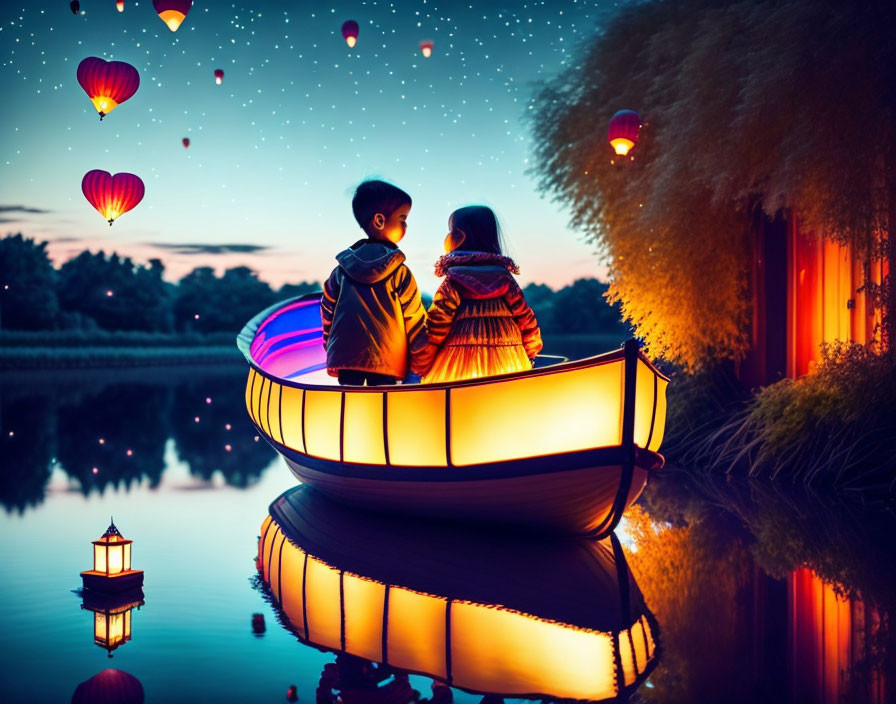 Children in boat at twilight watching hot air balloons and lantern reflections.