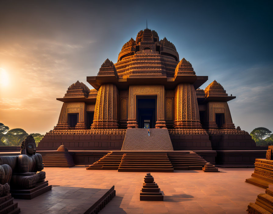 Terracotta temple with intricate architecture and statue under sunset sky