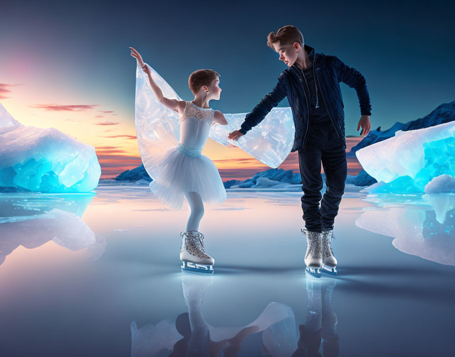 Children ice skating among icebergs at twilight, boy extends hand to girl in balletic pose