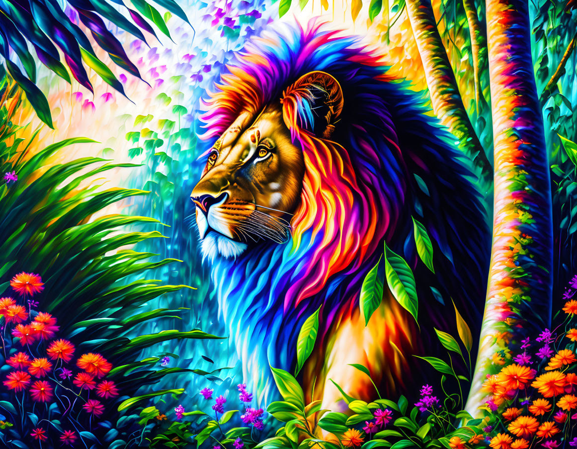 Majestic lion in vibrant, colorful forest setting