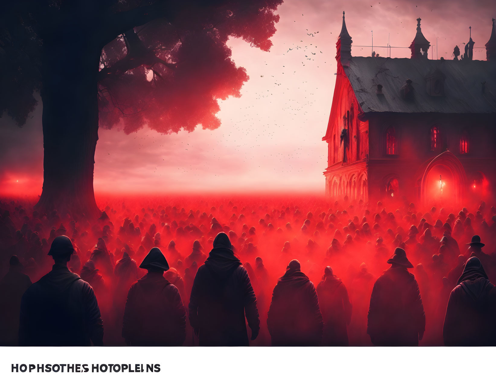 Crowd silhouette in red fog with Victorian house and birds at dusk