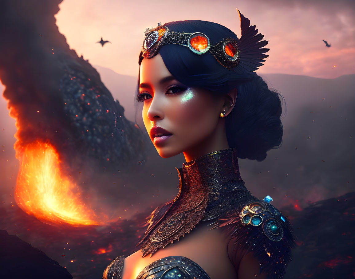 Fantasy-inspired woman in front of volcanic eruption