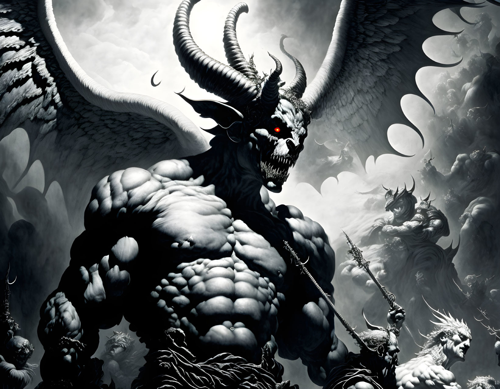 Monochrome fantasy art: Muscular winged demon with red eyes in dark, ominous setting