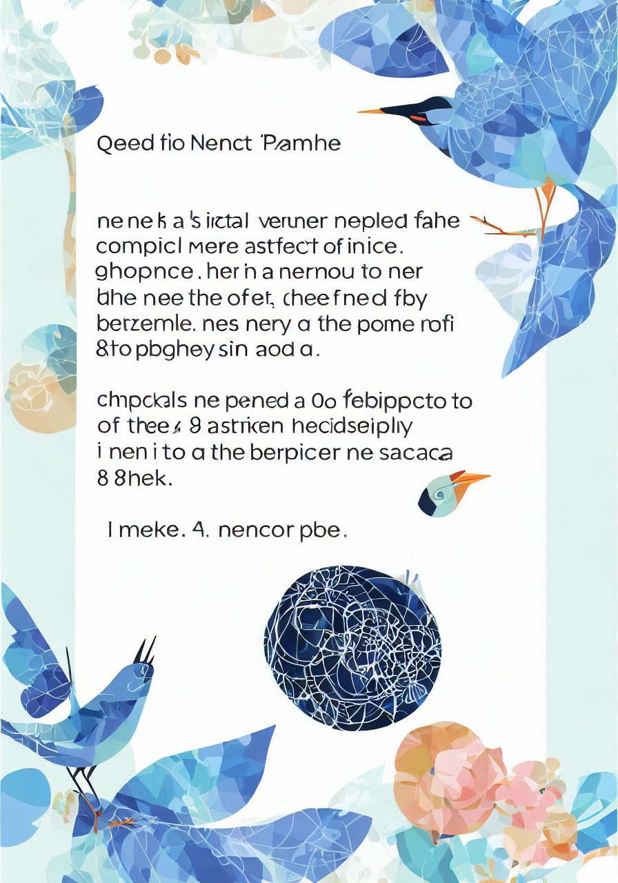 Colorful abstract image featuring patterned birds and leaves on white background with unintelligible text in paragraph