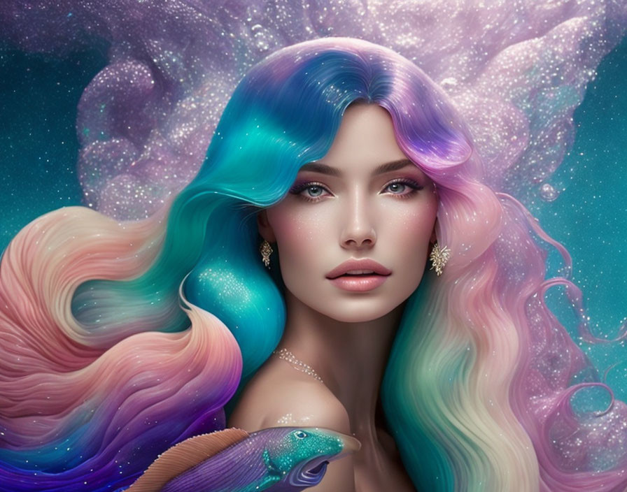 Colorful Woman with Rainbow Hair and Celestial Background Featuring Mystical Fish