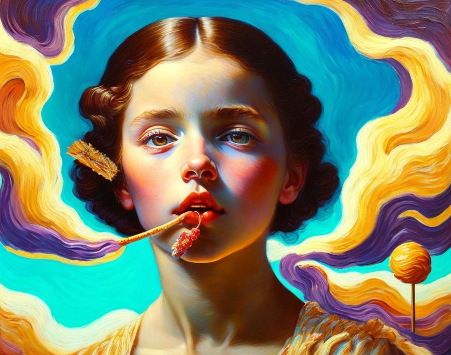 Colorful portrait of a young person with a lollipop and abstract background