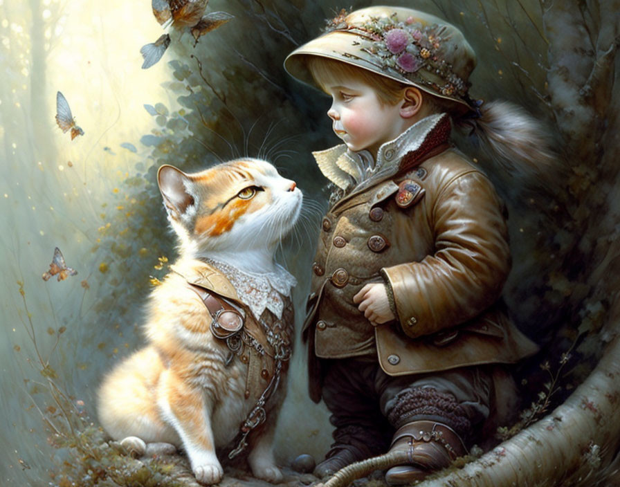 Child in vintage clothing and large cat with butterflies in forest gaze.