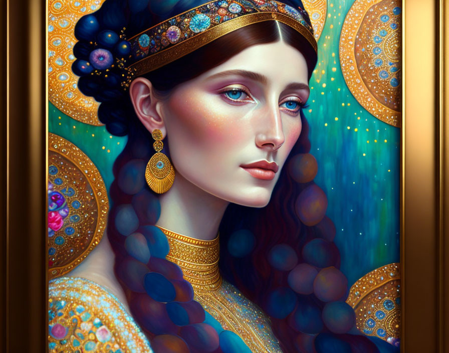 Elaborate Golden Jewelry Portrait Against Blue and Gold Background