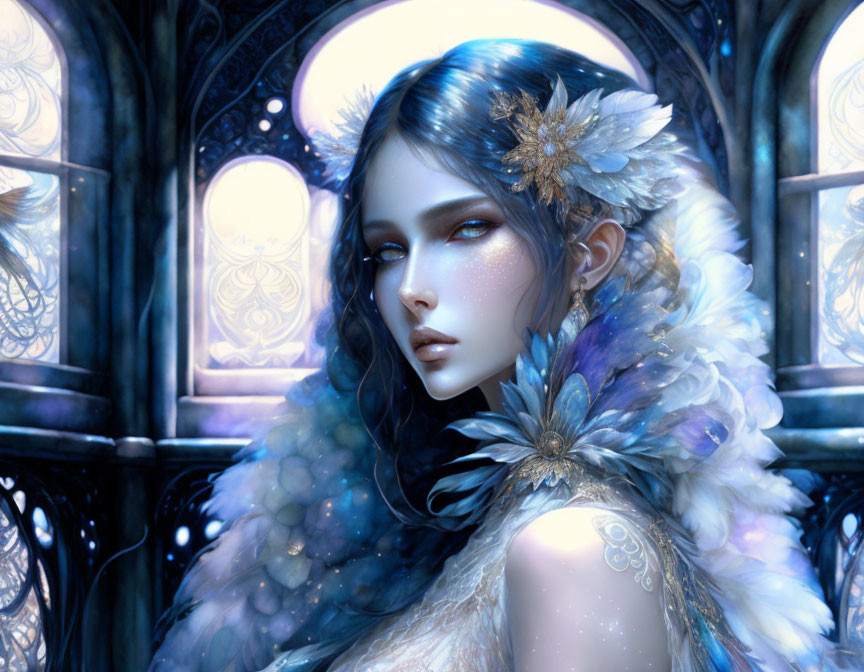 Fantastical portrait: Woman with blue hair, sparkling skin, flowers, feathers, against gothic