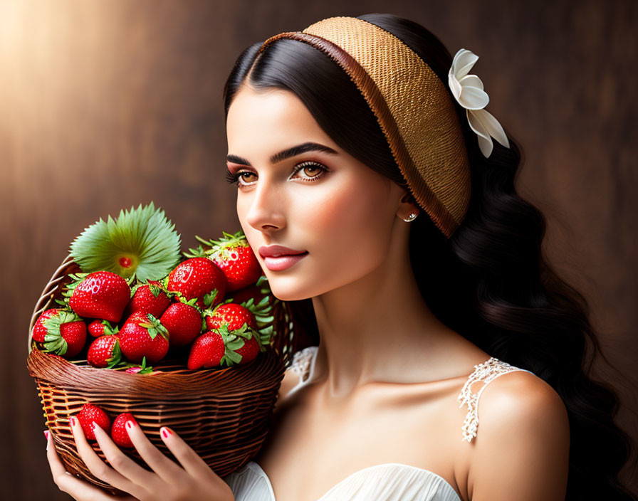 Dark-haired woman in beige hat with white flower holding basket of strawberries and kiwifruit