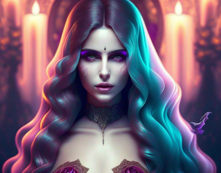 Illustration of woman with multicolored hair, jewel, and mystical aura amid candles and bird silhouette