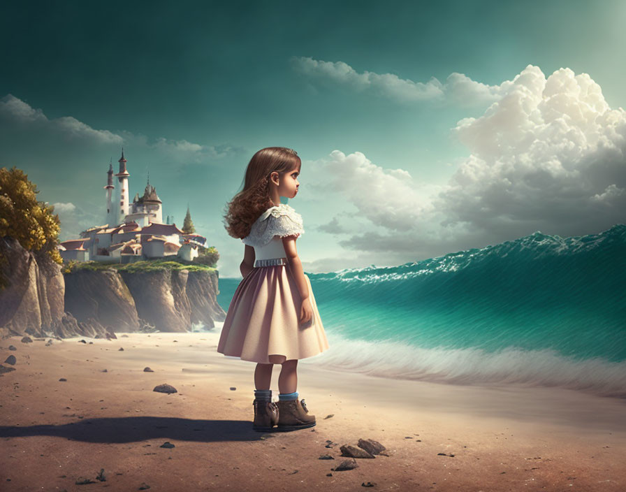 Young girl gazes at castle on cliff by dramatic shore.