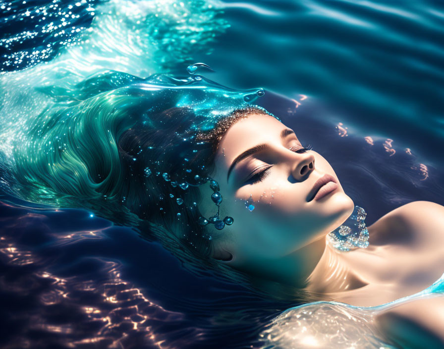 Woman peacefully floating on back in clear blue water