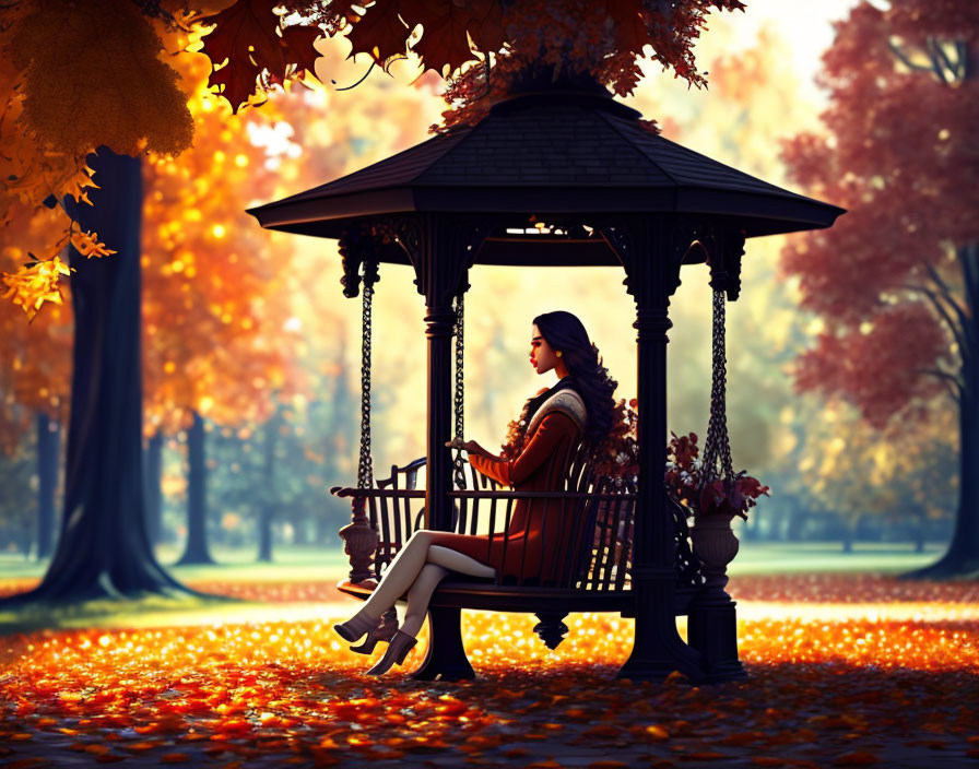 Woman sitting contemplatively in swing under gazebo in vibrant autumn park.