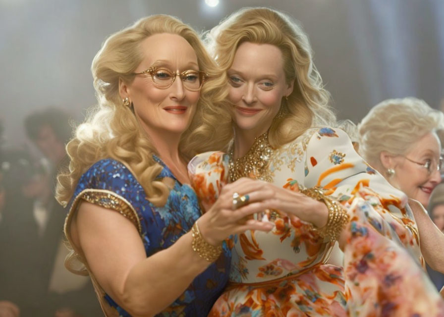 Two women dancing closely in blue and floral attire, smiling in softly lit room