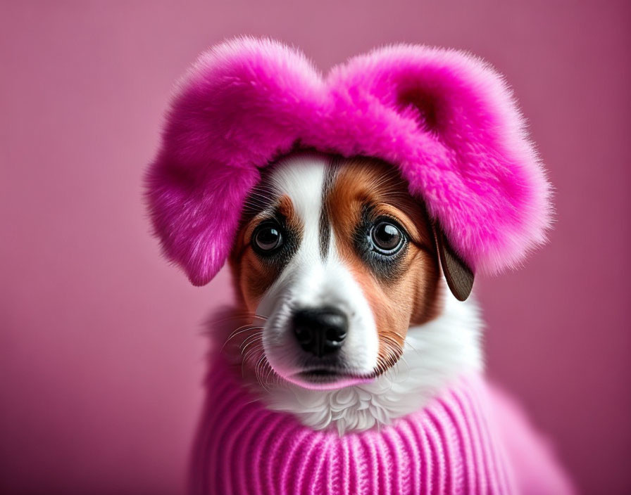 Adorable dog in heart headband and pink sweater on pink background