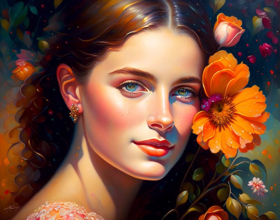 Woman with Blue Eyes and Vibrant Flower Surroundings