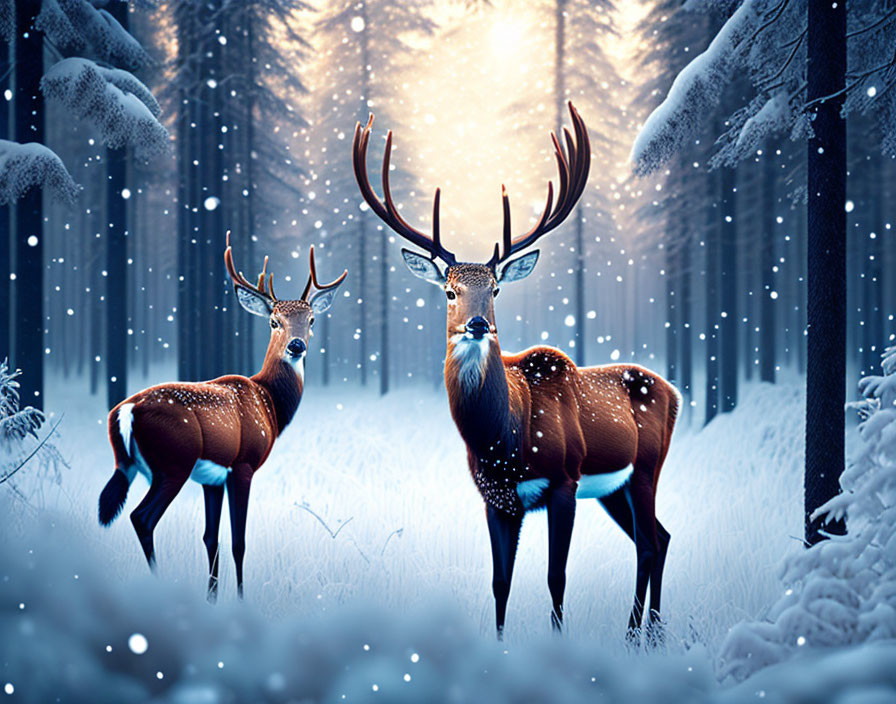 Snowy forest scene: Two deer amid falling snowflakes and soft glow