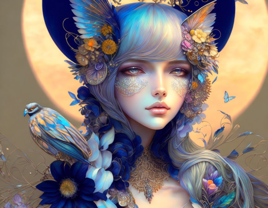 Fantasy illustration: Woman with blue hair, floral adornments, butterfly ears, bird, moon motifs