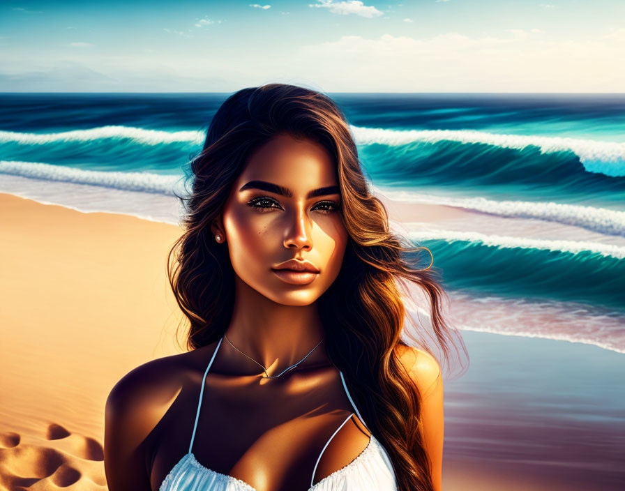 Illustrated woman with flowing hair on beach with blue waves