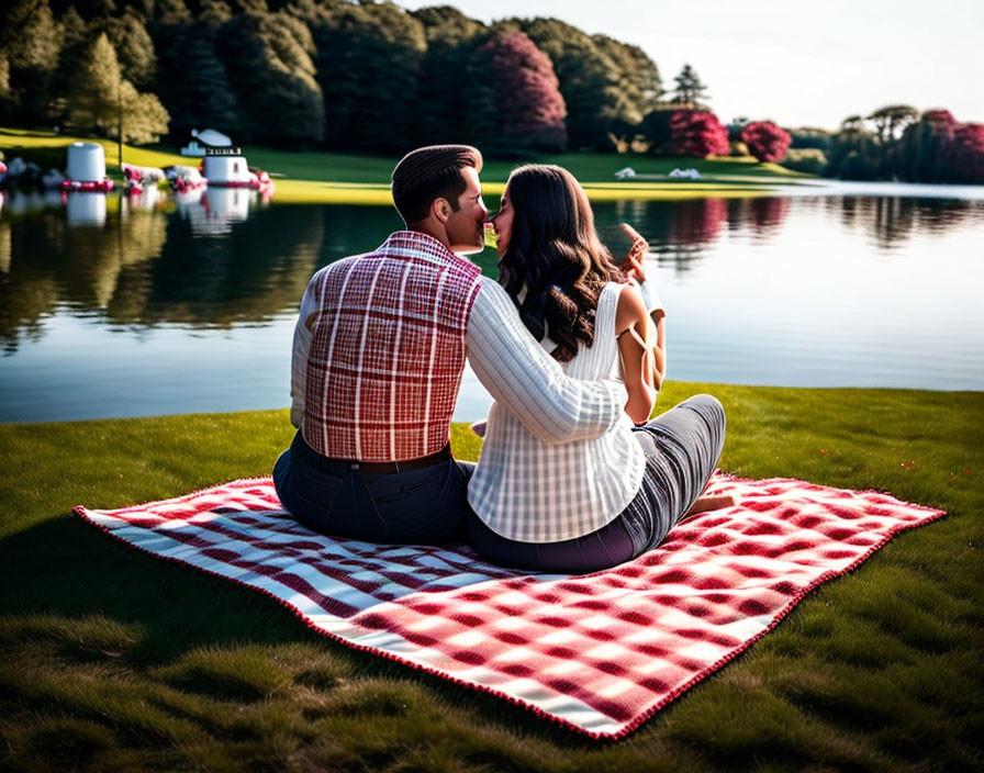 Romantic picnic by serene lake with red and white checked blanket