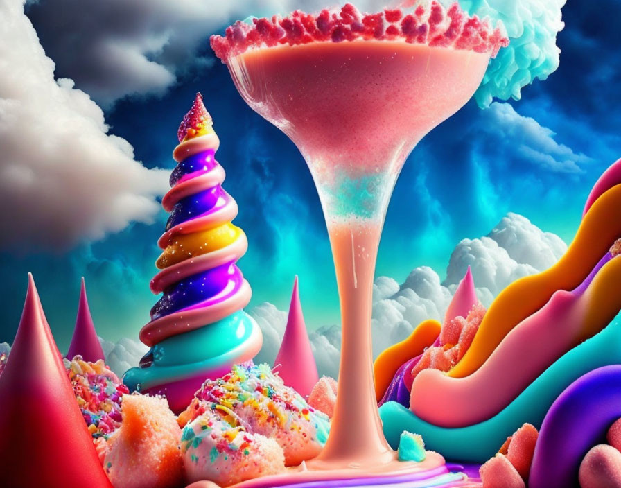 Colorful fantasy landscape with ice cream swirl and candy structures