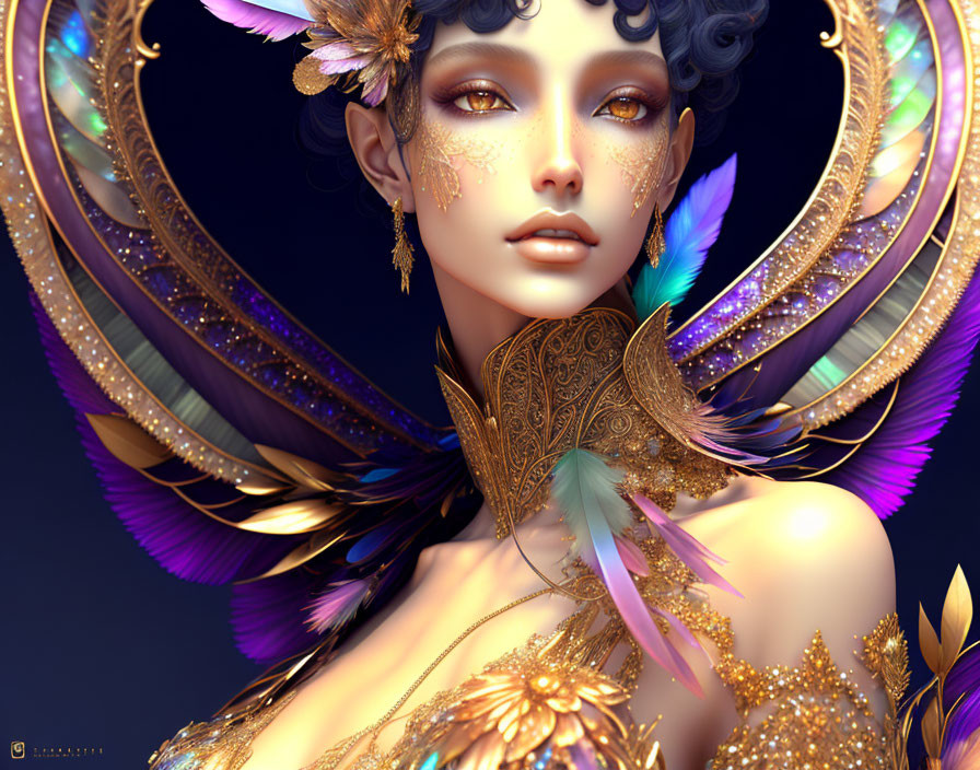 Fantasy-themed digital artwork of a woman with golden jewelry and colorful feathers