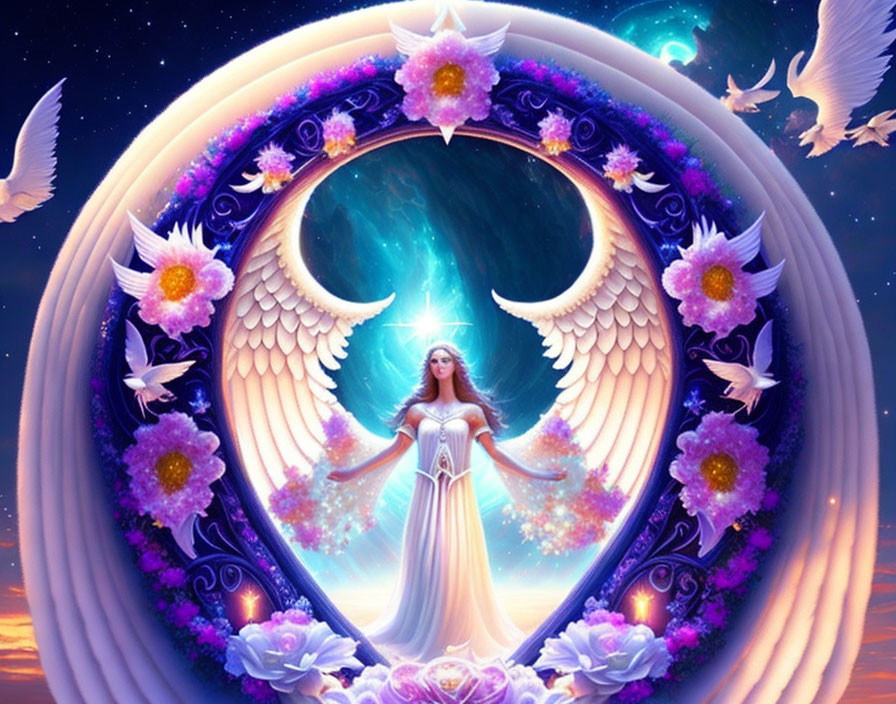 Ethereal woman with wings in crescent moon surrounded by flowers and birds