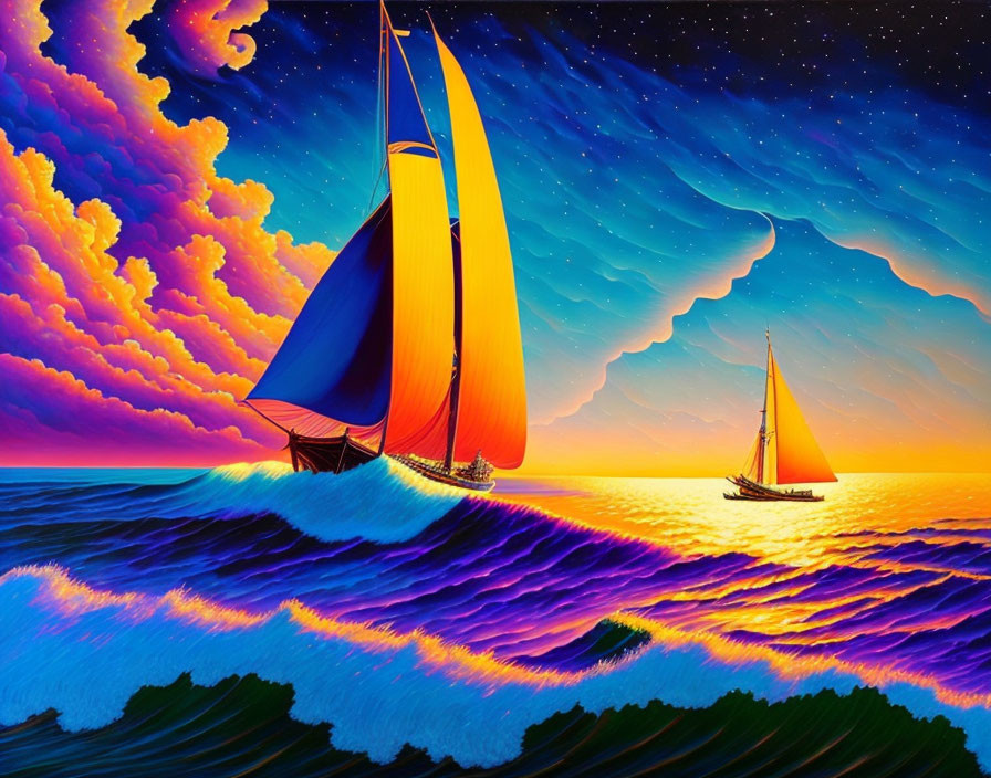 Vibrant sunset seascape with sailboats and starry sky