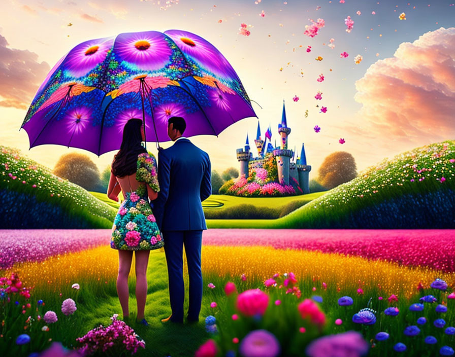 Couple Holding Hands Under Vibrant Umbrella Near Fairy Tale Castle