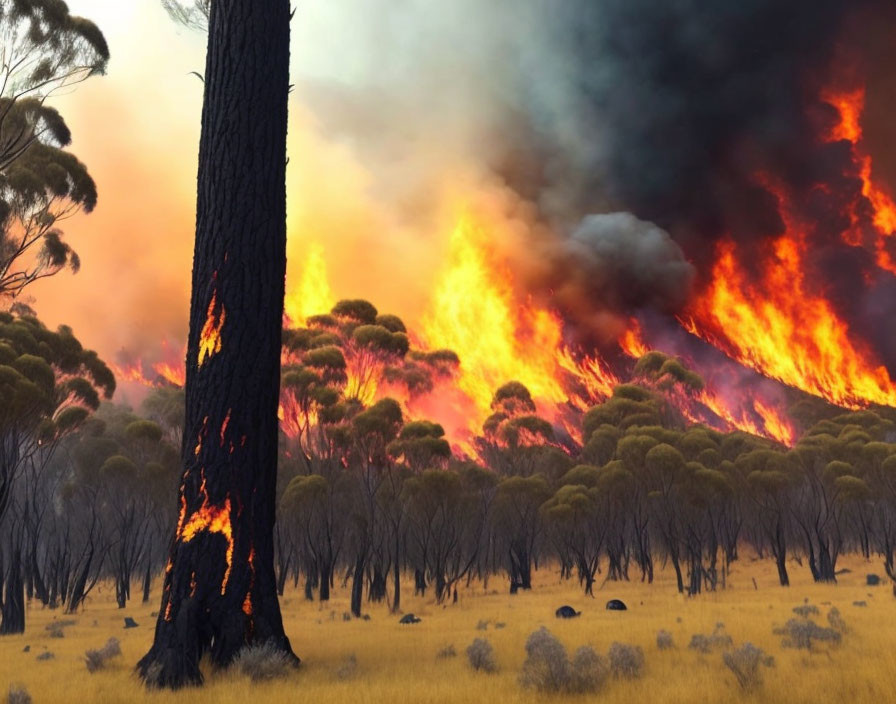 Forest engulfed in fierce bushfire with tall flames and thick smoke