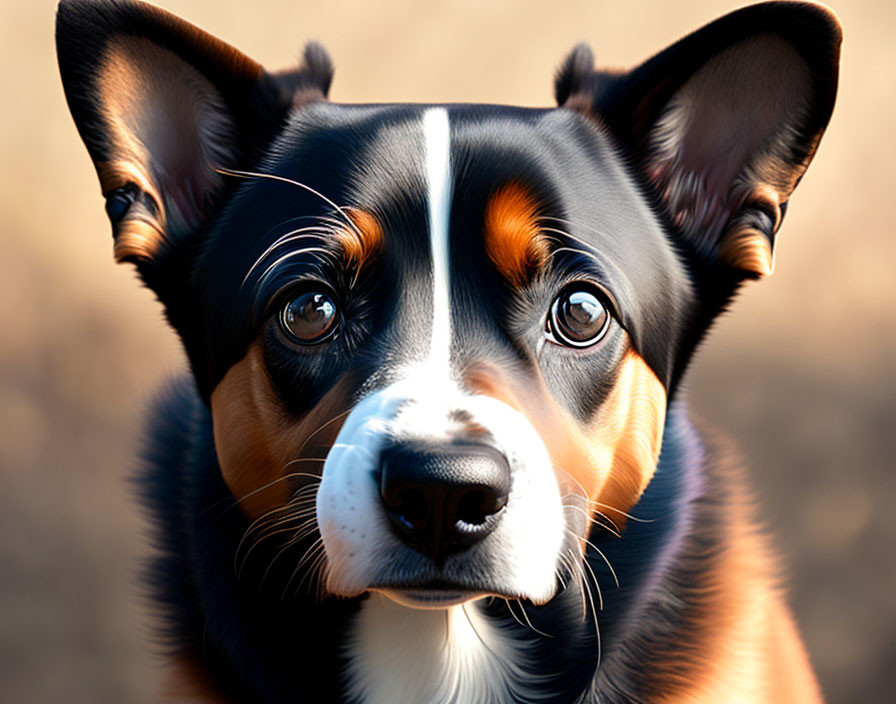 Tricolor dog with bright eyes and erect ears.