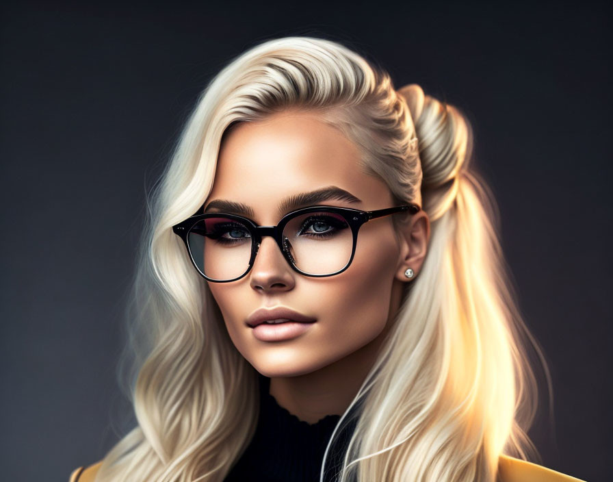 Blonde Woman in Glasses Wearing Yellow Outfit on Grey Background