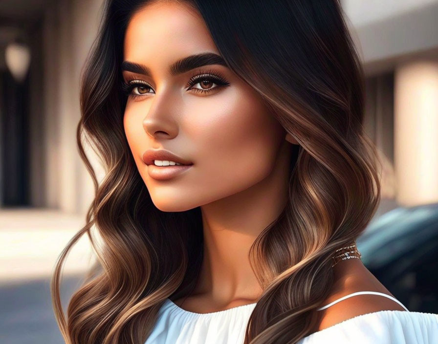 Portrait of woman with long wavy brown hair, glowing skin, and brown eyes in white off-the