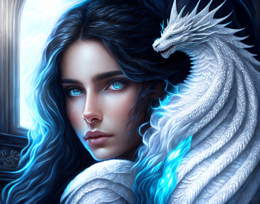 Blue-eyed woman with flowing blue hair accompanied by intricate white dragon in fantasy theme