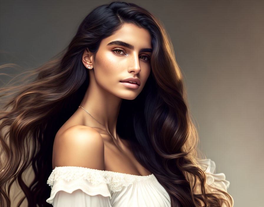 Portrait of Woman with Long Wavy Brown Hair and Off-Shoulder Top