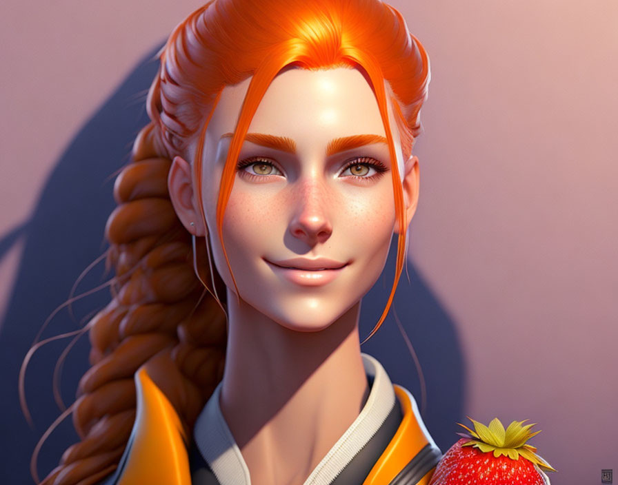 Detailed digital portrait of a smiling woman with orange hair holding a strawberry