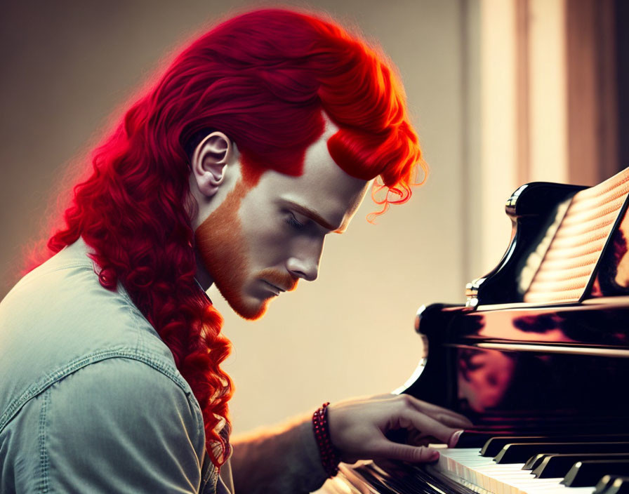 Vibrant red-haired person playing grand piano in sunlight