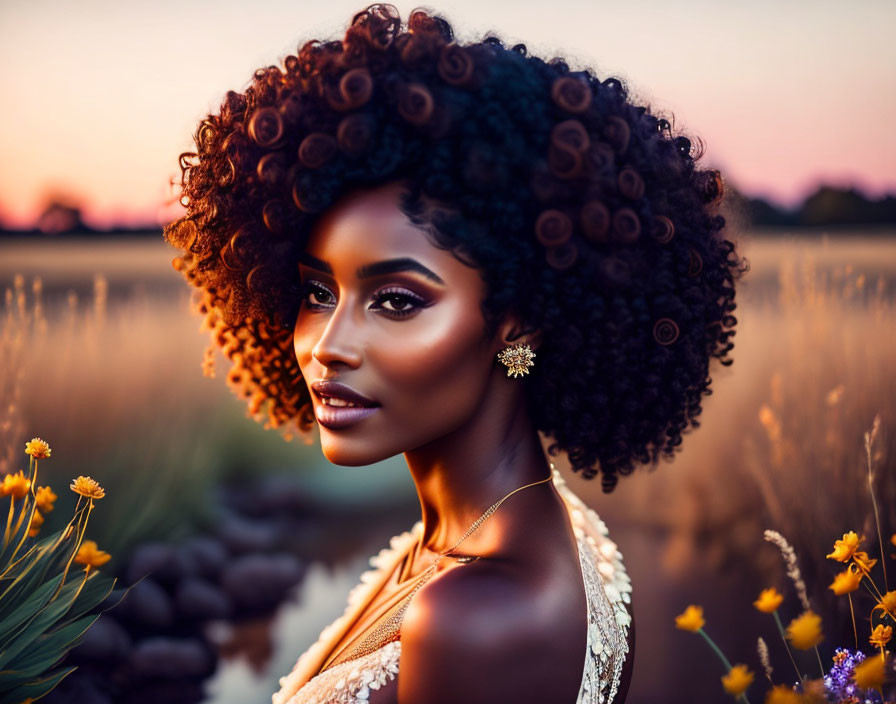 Portrait of woman with curly hair, earrings at sunset with flowers