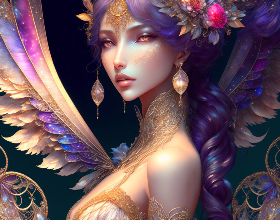 Fantasy illustration of woman with purple hair and celestial wings