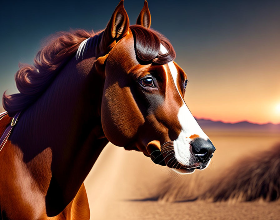 Animal with horse body and dog head in surreal sunset desert scene