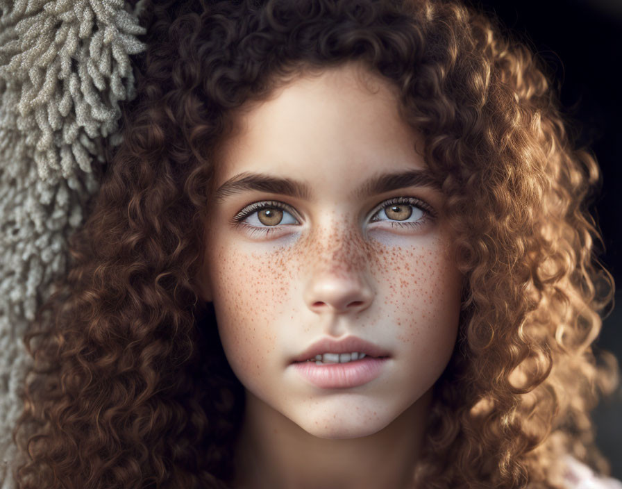 Young girl with curly hair, freckles, and captivating eyes on blurred backdrop