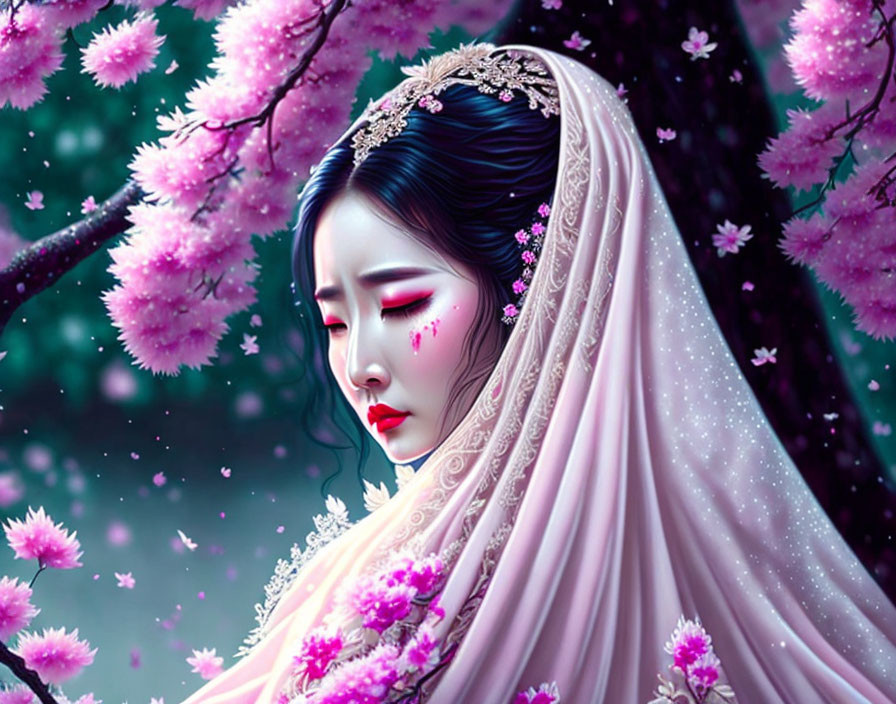 Illustration of woman in bridal veil with cherry blossoms, conveying melancholy