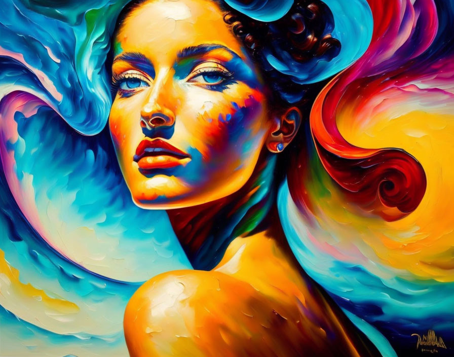 Colorful Abstract Painting of Woman with Swirling Shapes