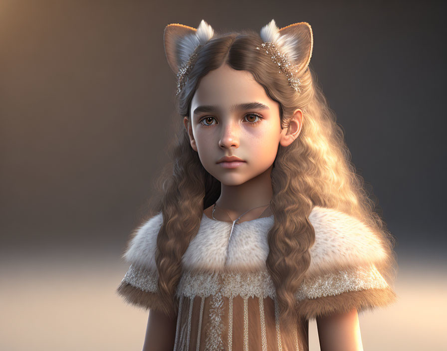 Detailed digital portrait of young girl with cat ears and curly hair in fur clothing, featuring intense eyes and