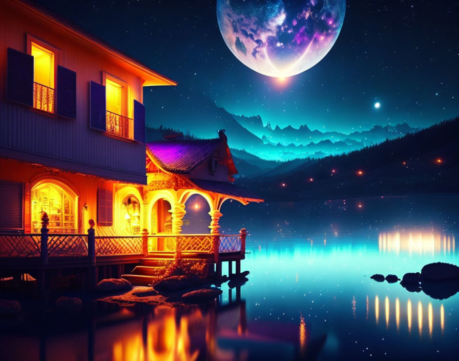 Scenic lakeside house at night with moon, stars, and mountains