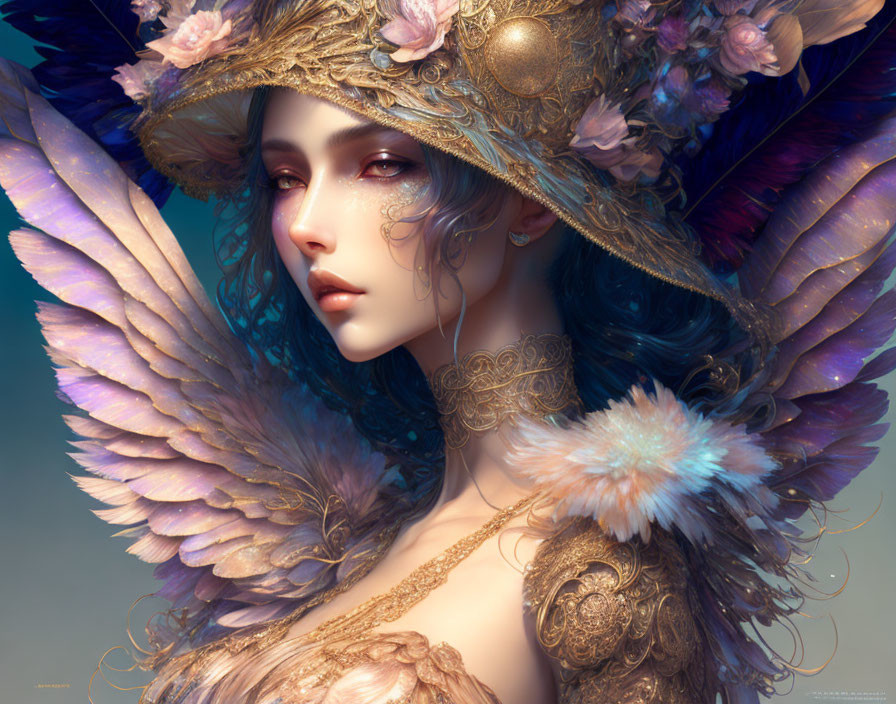 Fantasy illustration of a woman with angelic features and pastel wings