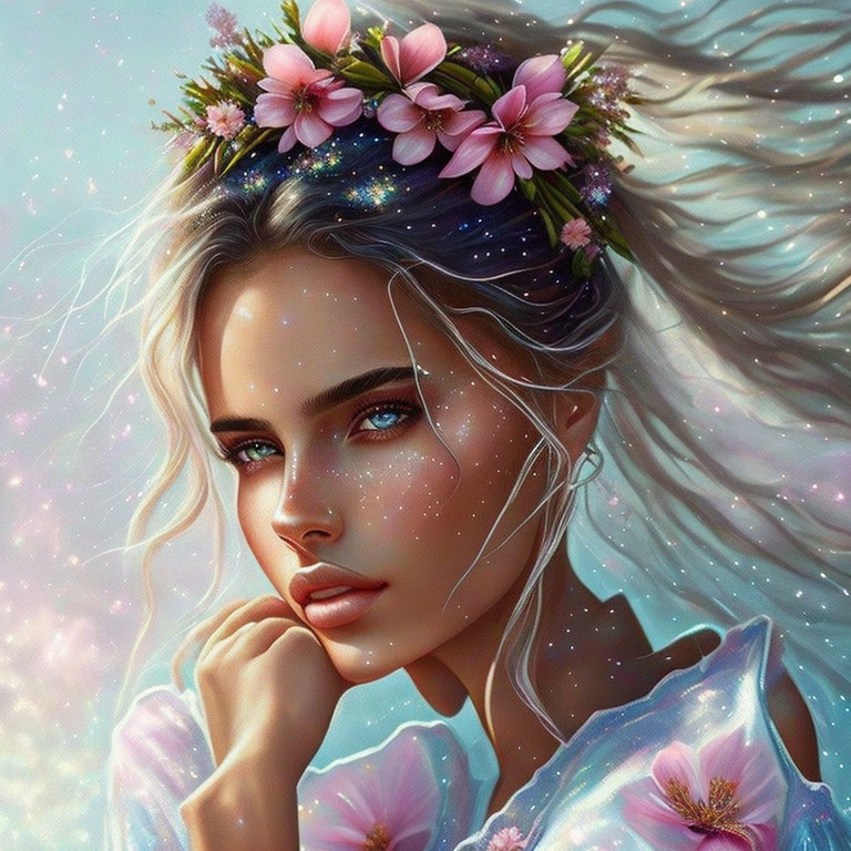 Illustrated woman with floral crown and cosmic glow on soft background