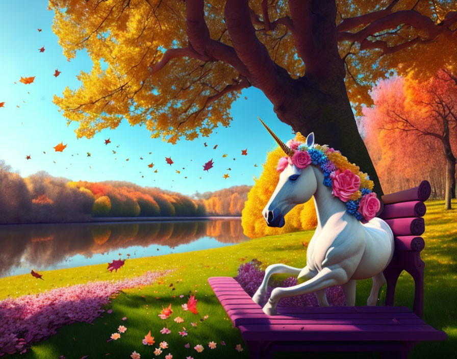 Floral-crowned unicorn on park bench by lake in autumn scene