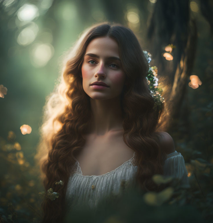 Serene woman with long curly hair in forest setting